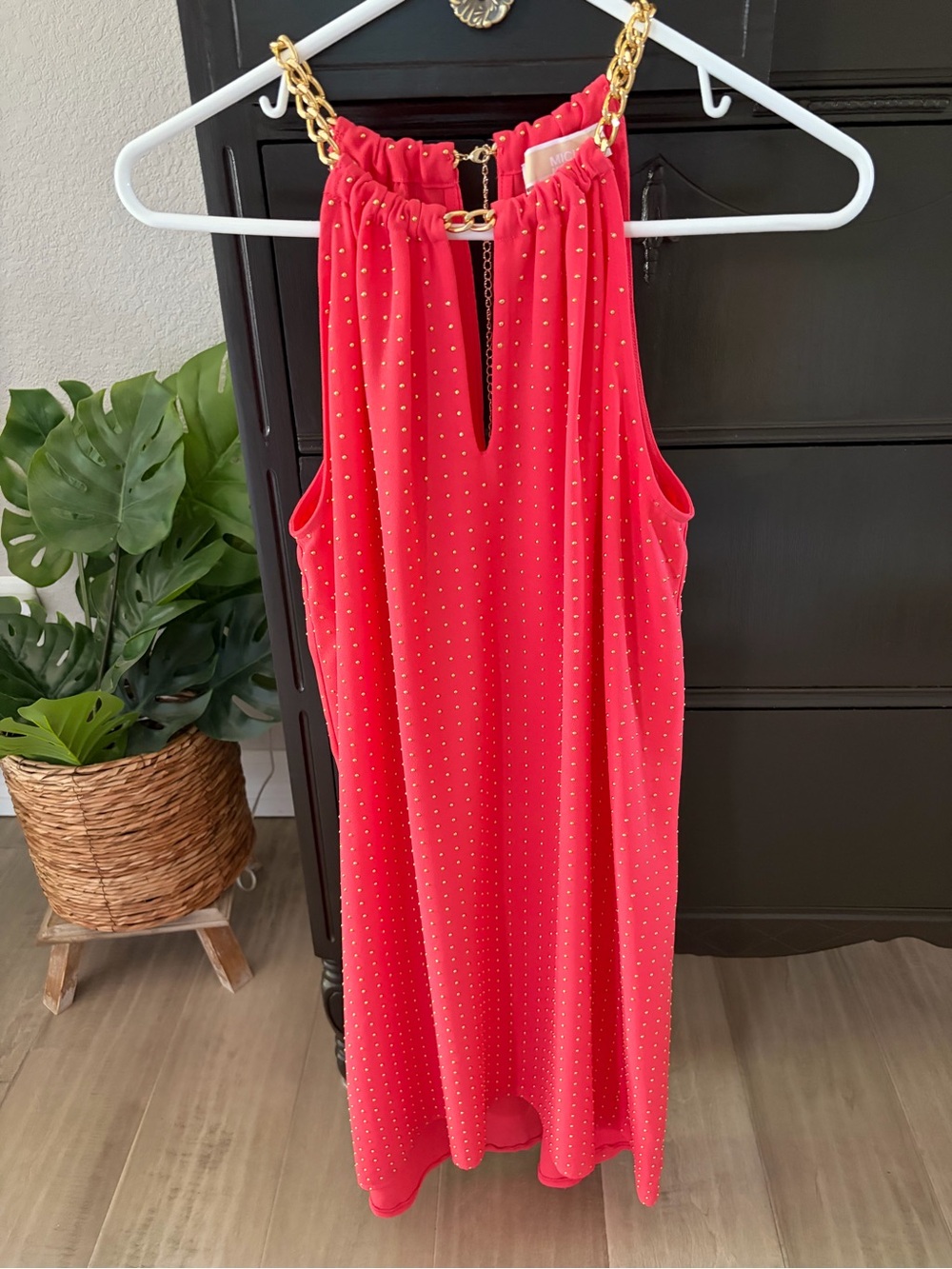Michael Kors Gold Chain Detail Salmon Sleeveless Shift Summer Dress Medium